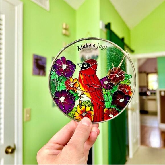 Floral Red Cardinal Bird Glass Art Stained Glass Window Sill Hanging Art Decor - Picture 2 of 7